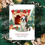 Watercolor Boston Terrier Weihnachtskarte Feiertagskarte<br><div class="desc">Eine niedliche Boston Terrier Hundskarte mit einer hübschen Aquarell-Grafik eines in Weihnachtsbeleuchtung eingebetteten Boston Terrier in der Nähe eines Kamins und Weihnachtsbaumes. Personalisieren Sie Ihre Familie und den Namen Ihres Hundes.</div>