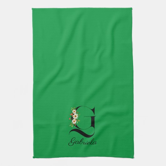 Watercolor botanical green initial monogram geschirrtuch (Vertikal)