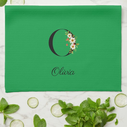 Watercolor botanical green initial monogram geschirrtuch (Gefaltet)