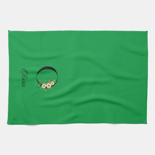 Watercolor botanical green initial monogram geschirrtuch (Horizontal)