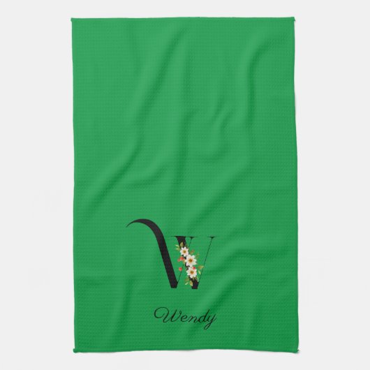 Watercolor botanical green initial monogram geschirrtuch (Vertikal)