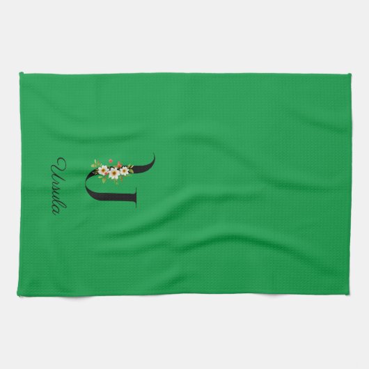 Watercolor botanical green initial monogram geschirrtuch (Horizontal)