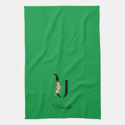 Watercolor botanical green initial monogram geschirrtuch (Vertikal)
