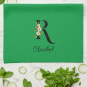 Watercolor botanical green initial monogram geschirrtuch (Gefaltet)