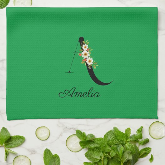 Watercolor botanical green initial monogram geschirrtuch (Gefaltet)