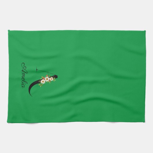 Watercolor botanical green initial monogram geschirrtuch (Horizontal)