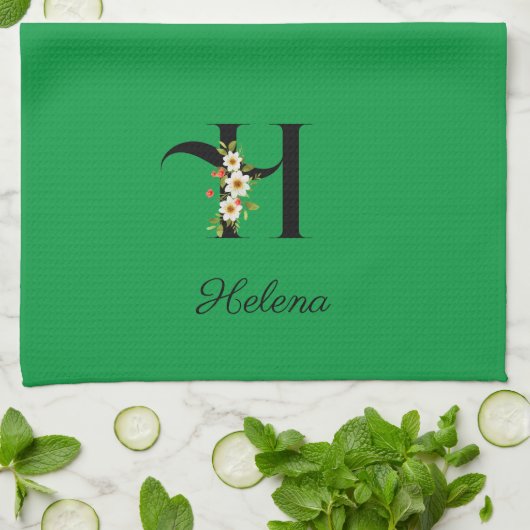 Watercolor botanical green initial monogram geschirrtuch (Gefaltet)