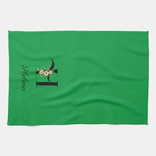 Watercolor botanical green initial monogram geschirrtuch (Horizontal)