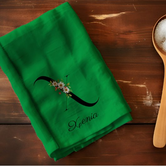 Watercolor botanical green initial monogram geschirrtuch