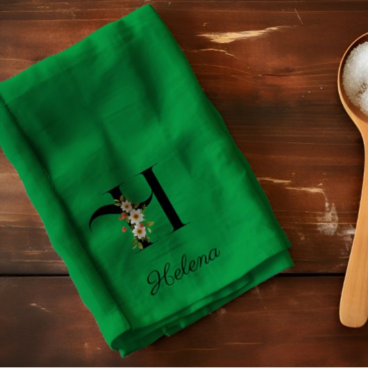Watercolor botanical green initial monogram geschirrtuch