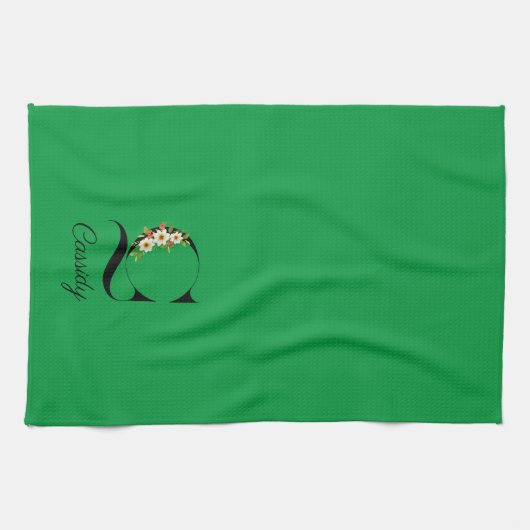 Watercolor botanical green initial monogram geschirrtuch (Horizontal)