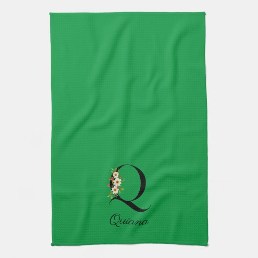 Watercolor botanical green initial monogram geschirrtuch (Vertikal)