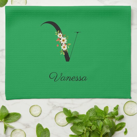 Watercolor botanical green initial monogram geschirrtuch (Gefaltet)