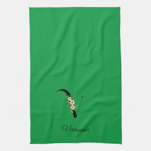Watercolor botanical green initial monogram geschirrtuch (Vertikal)