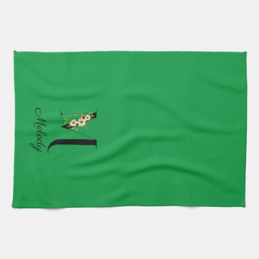 Watercolor botanical green initial monogram geschirrtuch (Horizontal)