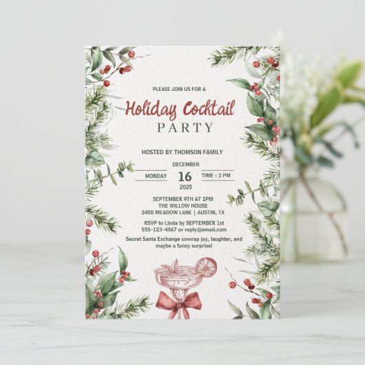 Watercolor Botanical Holiday Cocktail Party Einladung (Stehend Vorderseite)