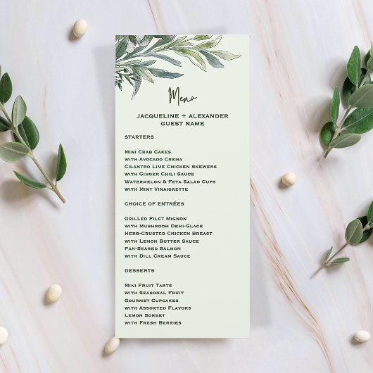 Watercolor Botanical Wedding Menu with Guest Name Menükarte