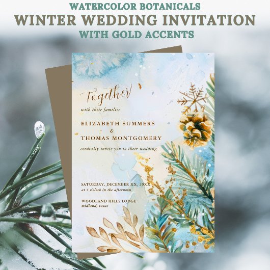 Watercolor Botanicals Winter Wedding Gold Accents Einladung