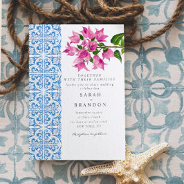 Watercolor Bougainvillea Blue tiles Wedding Einladung