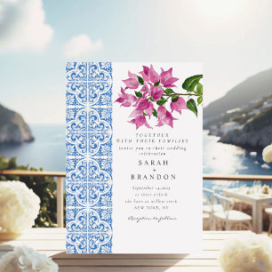 Watercolor Bougainvillea Blue tiles Wedding Einladung