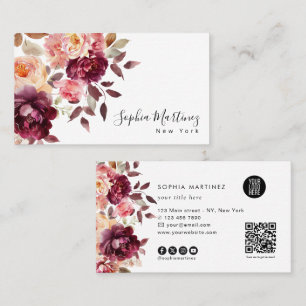 Watercolor Bouquet Florales Burgund & QR-Code-Logo Visitenkarte