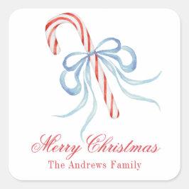 Watercolor Bow Candy Cane Quadratischer Aufkleber