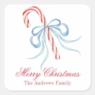 Watercolor Bow Candy Cane Quadratischer Aufkleber