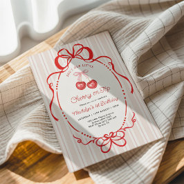 Watercolor Bow Cherry On Top Girl 1st Birthday Einladung