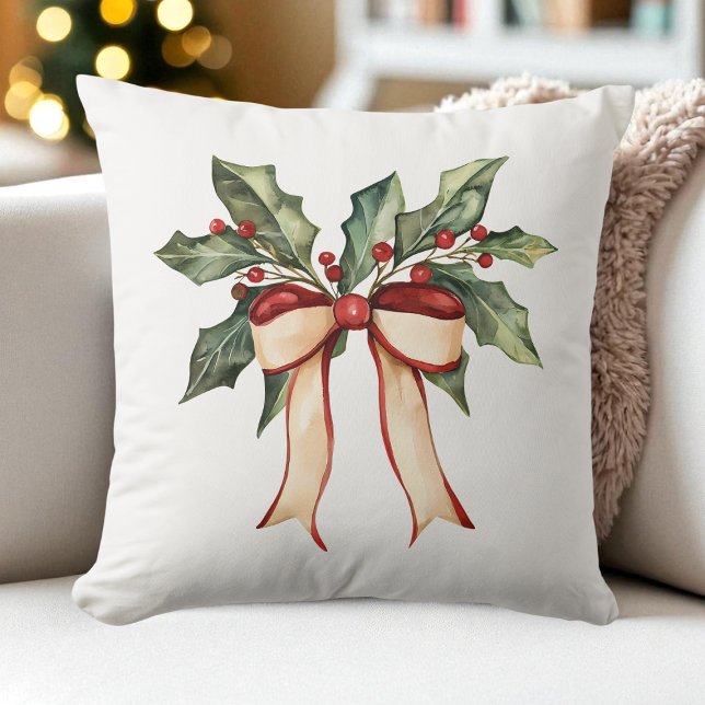 Watercolor Bow Christmas Holly Modern Rustikal Kissen (Watercolor Bow Christmas Holly Modern Rustic Throw Pillow)