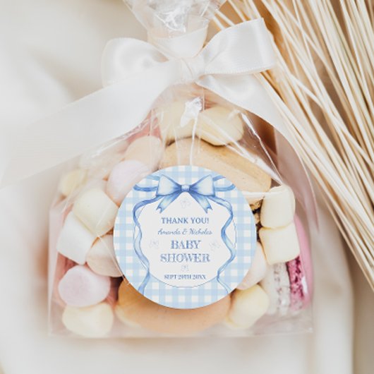 Watercolor Bow Gingham Blue Baby Boy Dusche Runder Aufkleber