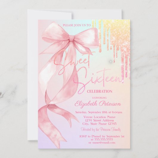 Watercolor Bow Glitter Drips Colorful Sweet 16   Einladung (Vorderseite)