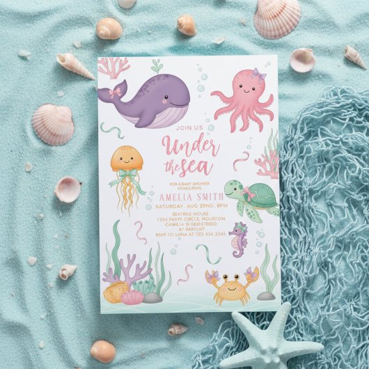 watercolor bow under the sea baby shower einladung