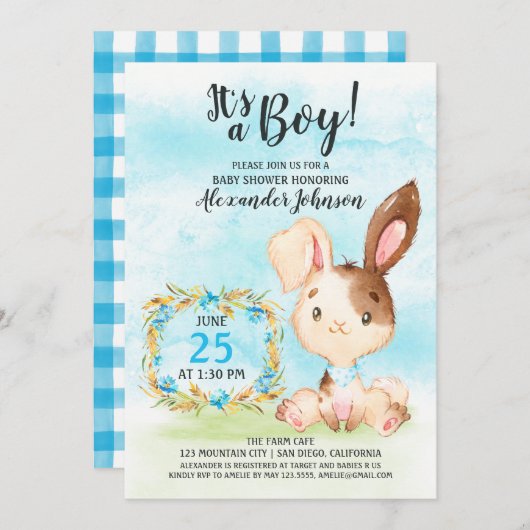 Watercolor Boy Bunny Baby Shower Farm Einladung (Vorne/Hinten)