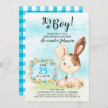 Watercolor Boy Bunny Baby Shower Farm Einladung