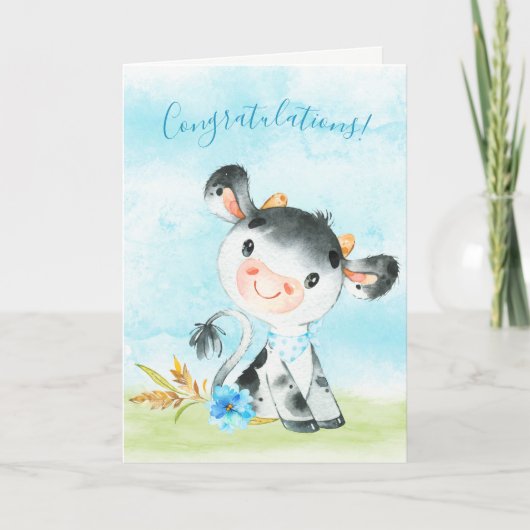 Watercolor Boy Cow Farm Glückwunsch Karte (Vorderseite)