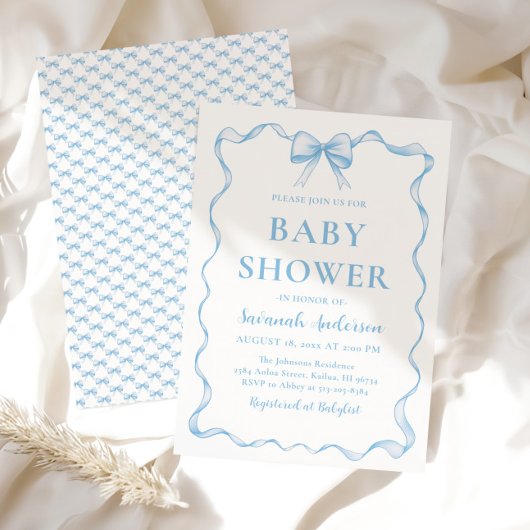 Watercolor Boy Ribbon Dusty Blue Bow Baby Dusche Einladung