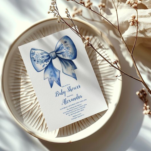 Watercolor Boy Ribbon Dusty Blue Bow Einladung
