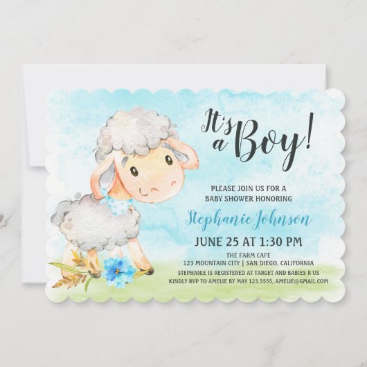 Watercolor Boy Sheep Baby Shower Farm Einladung (Vorderseite)