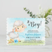 Watercolor Boy Sheep Baby Shower Farm Einladung (Stehend Vorderseite)