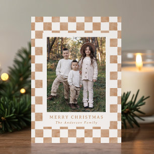 Watercolor Brown and Cream Gingham Christmas Foto Feiertagskarte