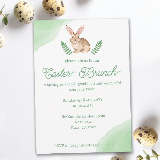 Watercolor Brown Bunny Green Easter Brunch Einladung
