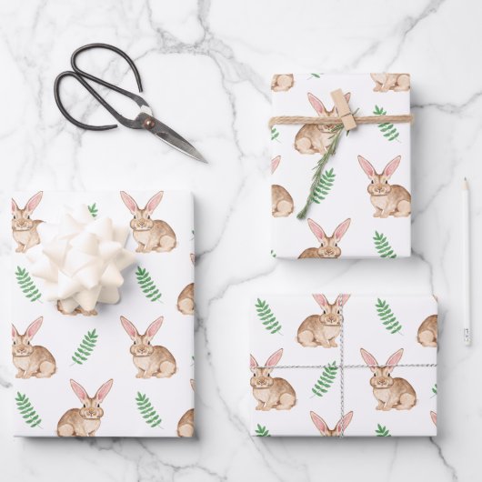 Watercolor Brown Easter Bunny And Greenery Pattern Geschenkpapier Set (Vorderseite)