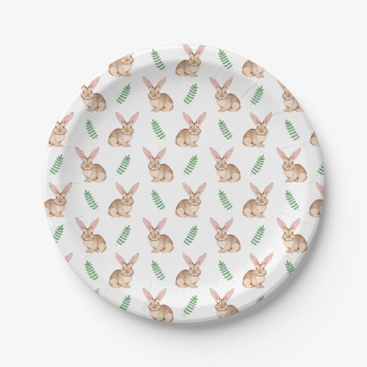 Watercolor Brown Easter Bunny And Greenery Pattern Pappteller (Vorderseite)
