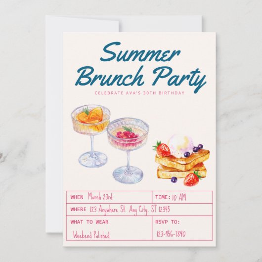 Watercolor Brunch Party Adult Birthday  Einladung (Vorderseite)