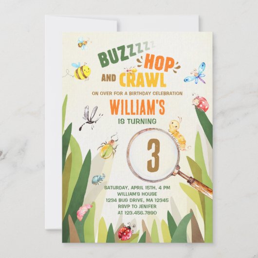 Watercolor Bug Insect Boy Birthday Einladung (Vorderseite)