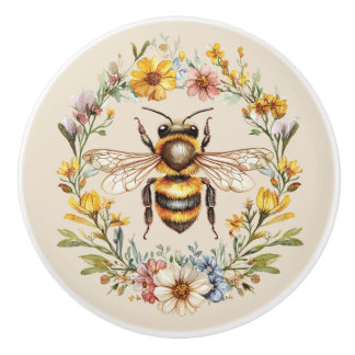 Watercolor Bumblebee Floral Wreath Charm Ceramic Keramikknauf