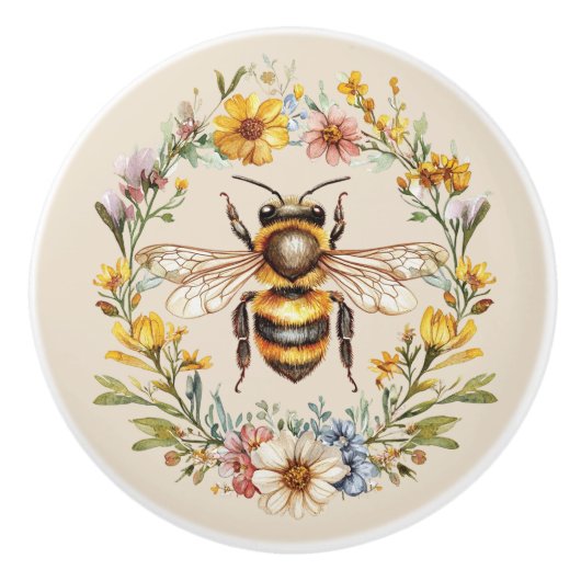 Watercolor Bumblebee Floral Wreath Charm Ceramic Keramikknauf (Vorderseite)