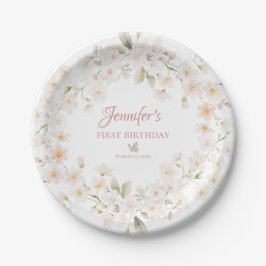 Watercolor Bunny and Floral First Birthday Pappteller