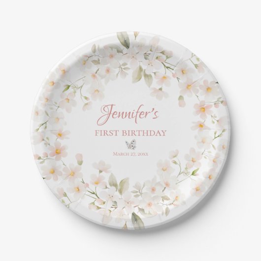 Watercolor Bunny and Floral First Birthday Pappteller (Vorderseite)