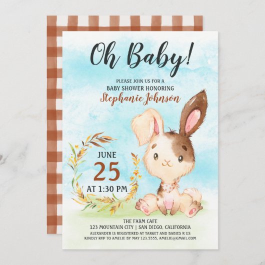 Watercolor Bunny Baby Shower Farm Einladung (Vorne/Hinten)